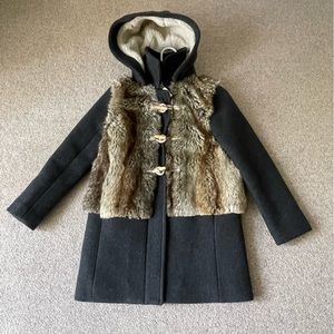 J Crew CrewCuts faux fur wool coat w/ toggles. Lined, zipper, hood. 10.